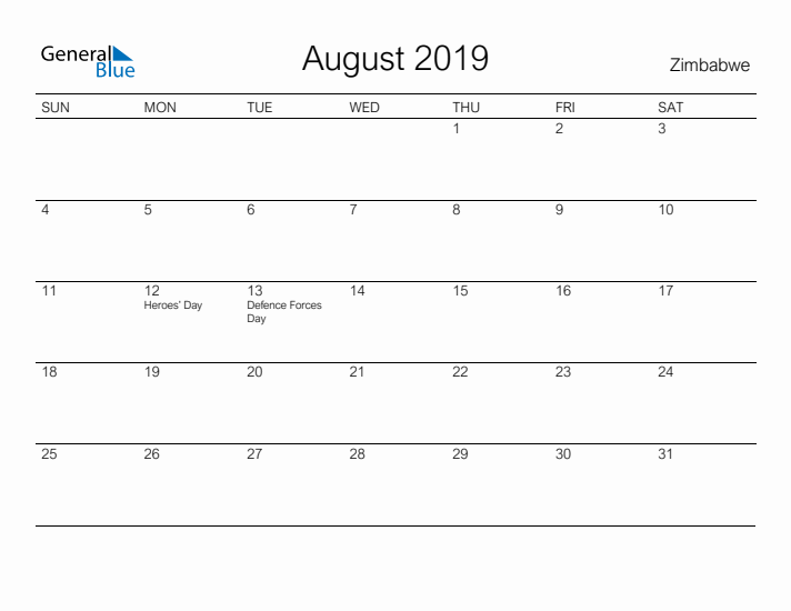 Printable August 2019 Calendar for Zimbabwe