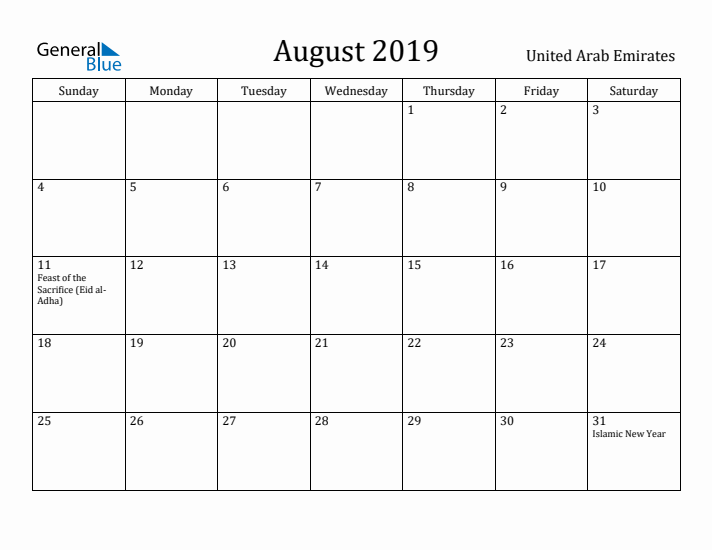August 2019 Calendar United Arab Emirates