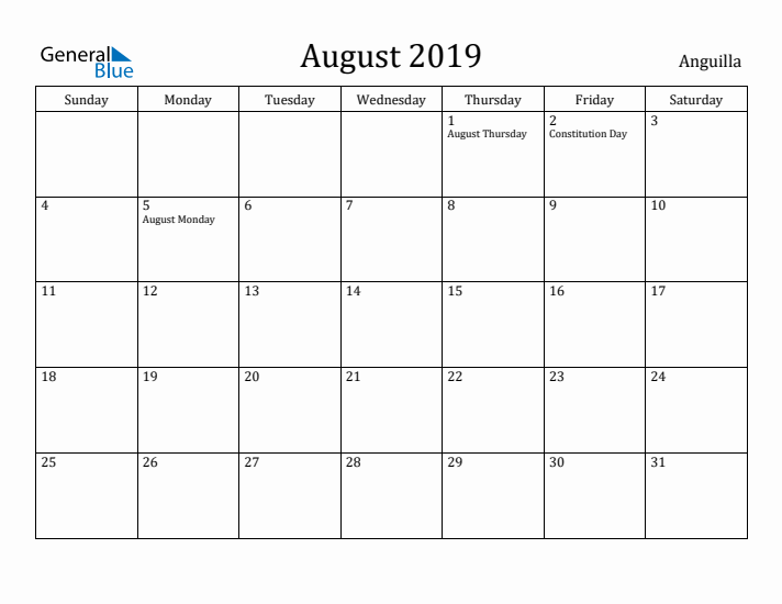 August 2019 Calendar Anguilla
