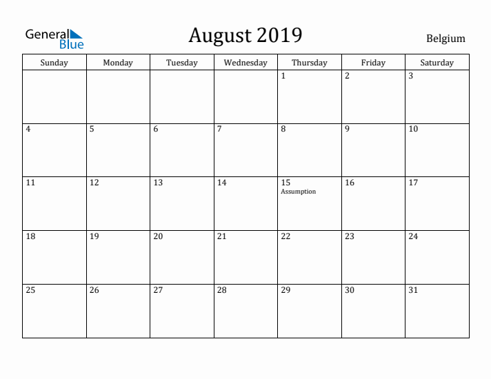 August 2019 Calendar Belgium