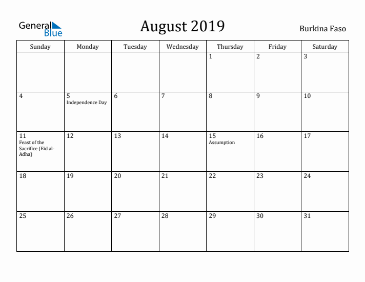August 2019 Calendar Burkina Faso