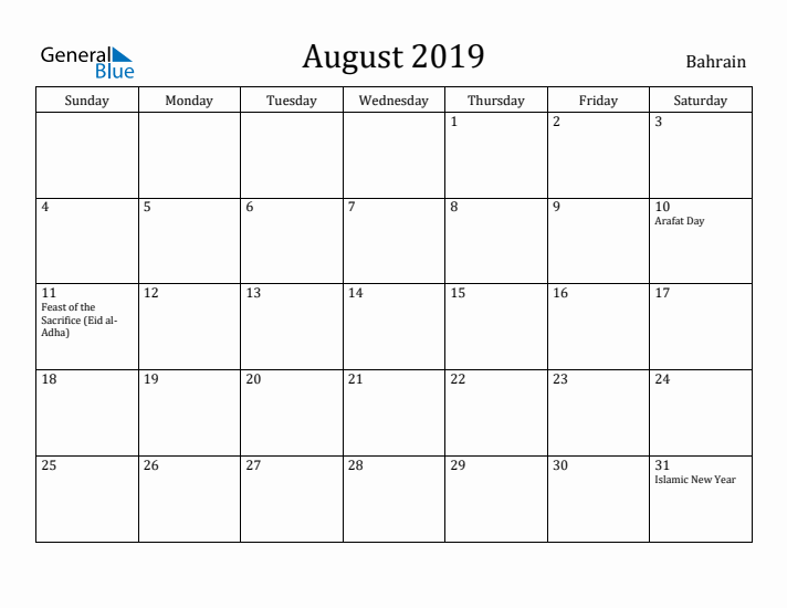 August 2019 Calendar Bahrain