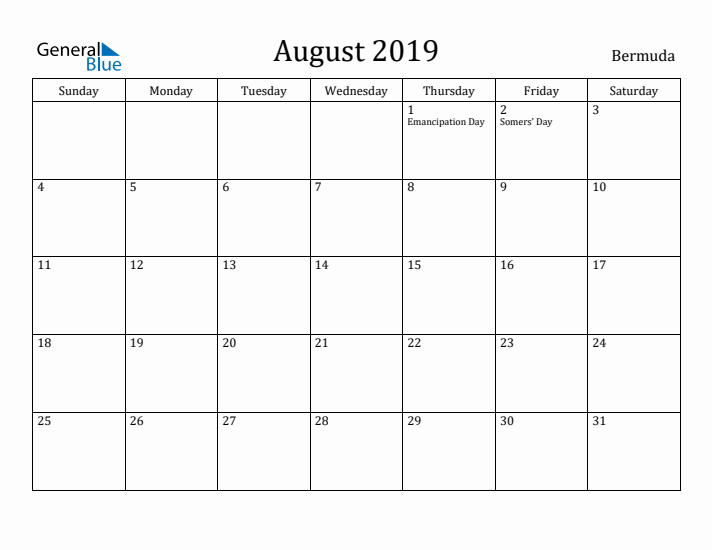 August 2019 Calendar Bermuda