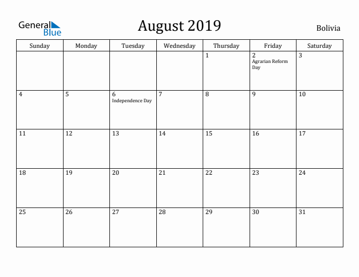 August 2019 Calendar Bolivia