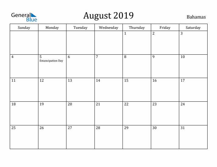 August 2019 Calendar Bahamas