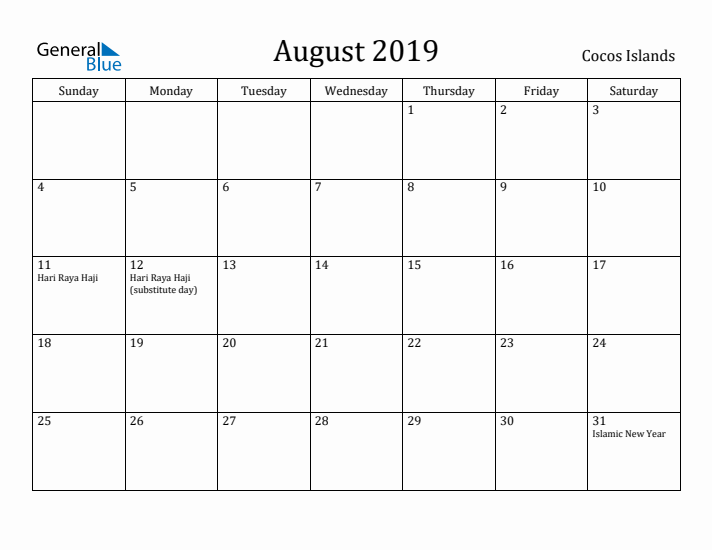August 2019 Calendar Cocos Islands