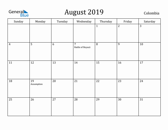 August 2019 Calendar Colombia