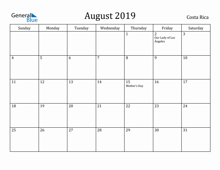 August 2019 Calendar Costa Rica