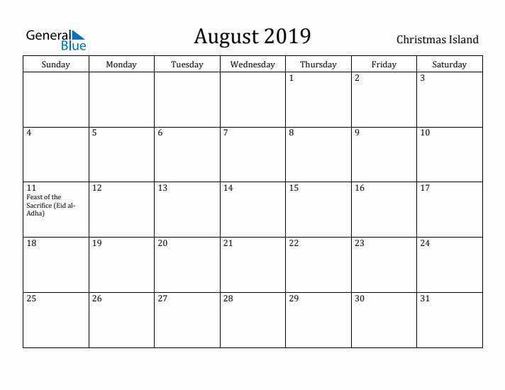 August 2019 Calendar Christmas Island