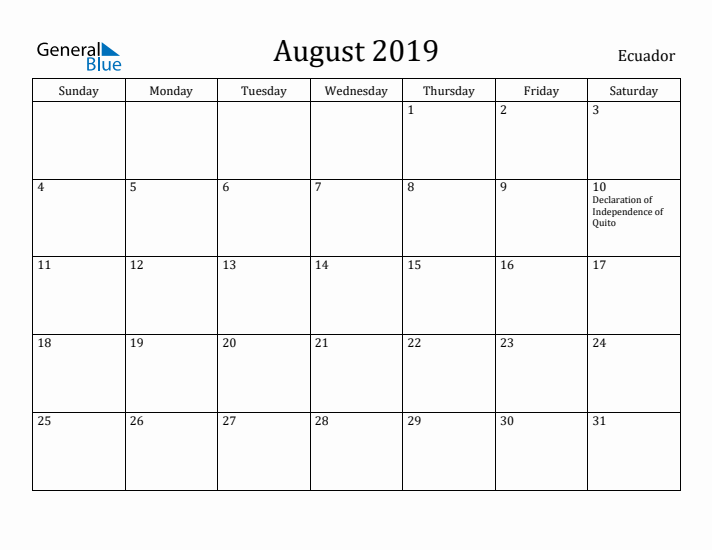 August 2019 Calendar Ecuador