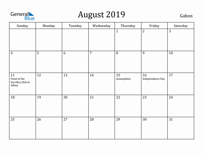 August 2019 Calendar Gabon
