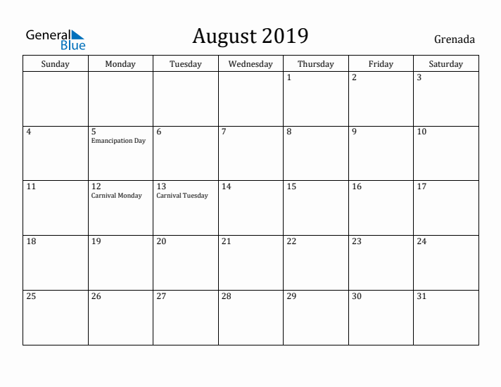 August 2019 Calendar Grenada