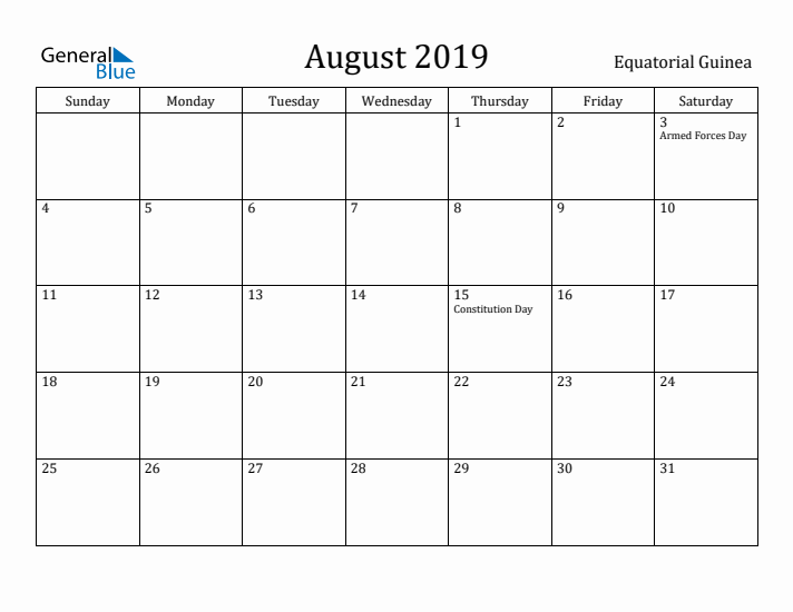 August 2019 Calendar Equatorial Guinea
