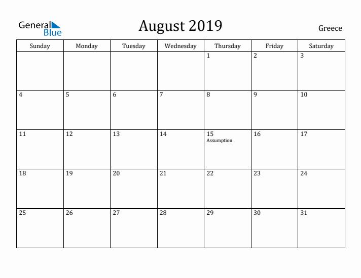 August 2019 Calendar Greece