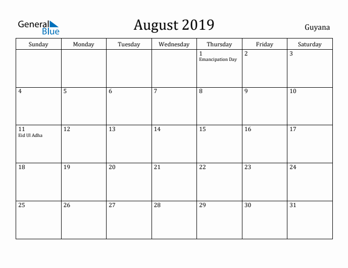 August 2019 Calendar Guyana