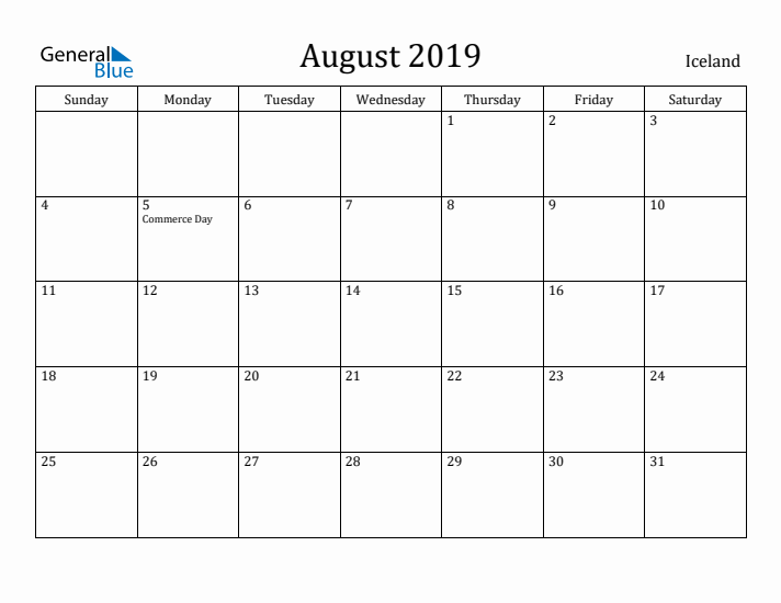 August 2019 Calendar Iceland