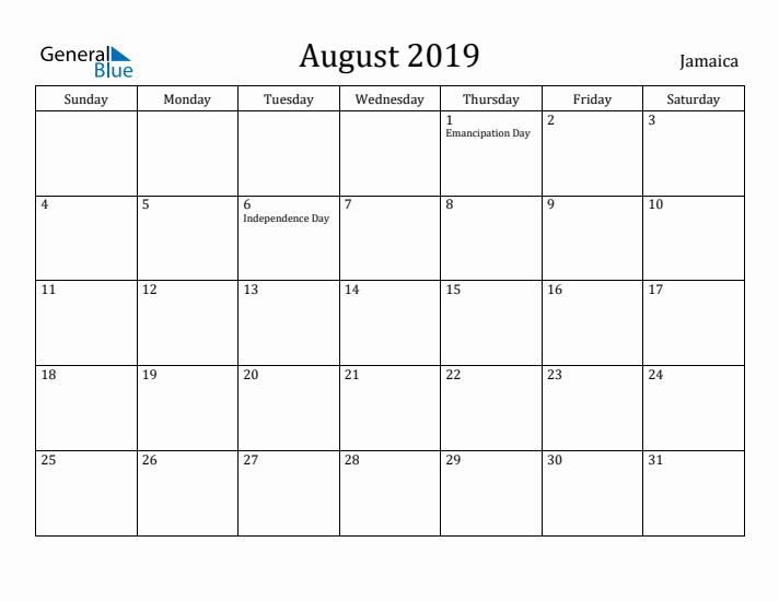 August 2019 Calendar Jamaica