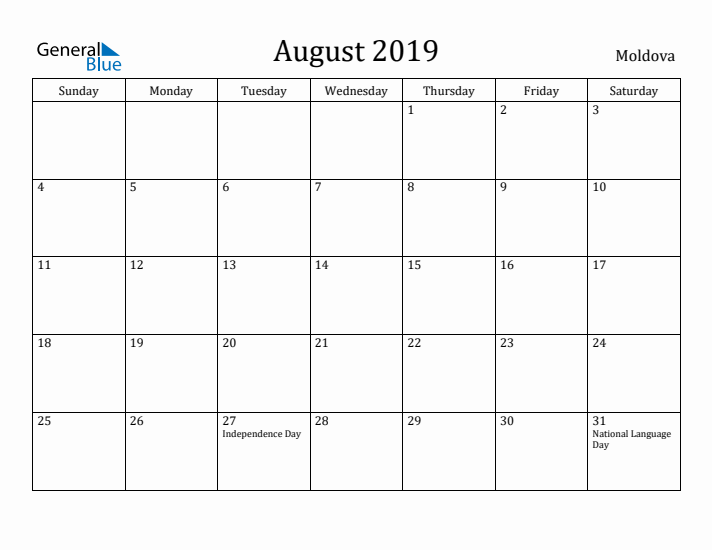 August 2019 Calendar Moldova
