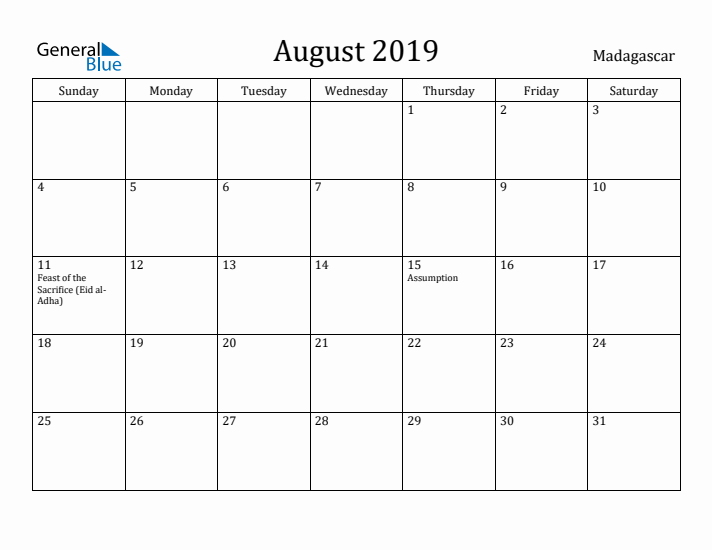 August 2019 Calendar Madagascar