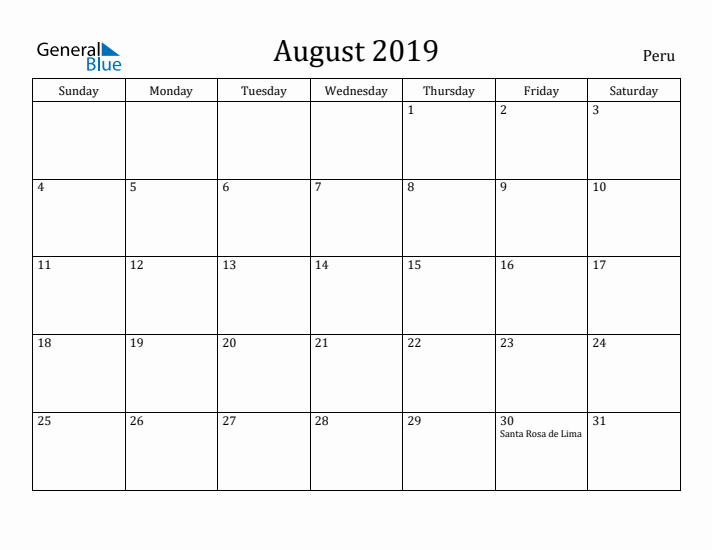 August 2019 Calendar Peru