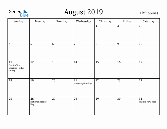 August 2019 Calendar Philippines