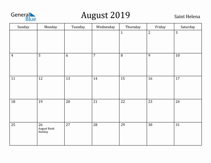 August 2019 Calendar Saint Helena