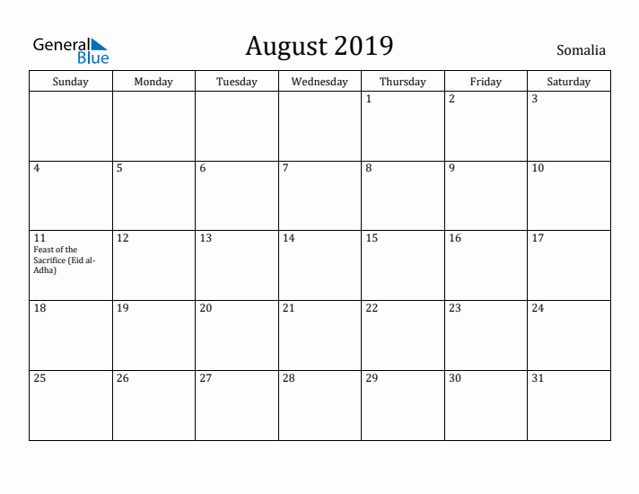 August 2019 Calendar Somalia