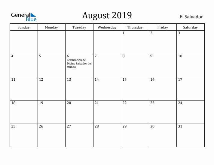 August 2019 Calendar El Salvador