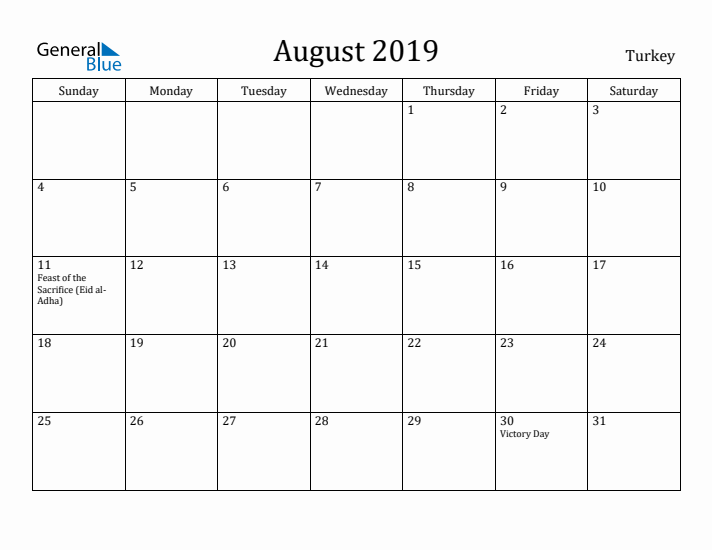 August 2019 Calendar Turkey