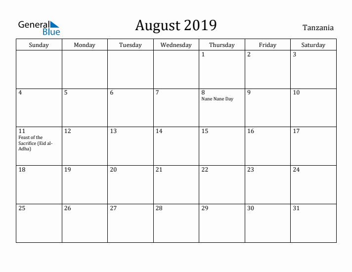 August 2019 Calendar Tanzania