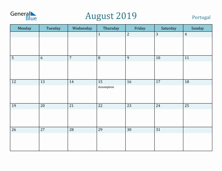 August 2019 Calendar with Holidays