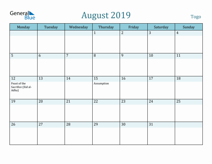 August 2019 Calendar with Holidays