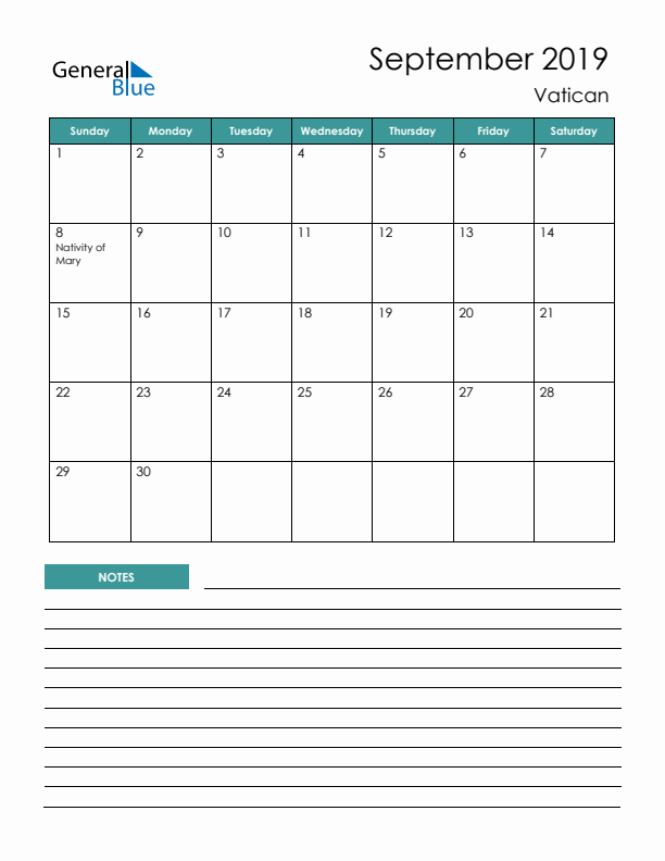September 2019 Monthly Calendar With Vatican Holidays