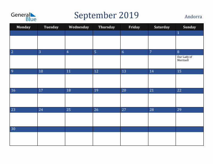 September 2019 Andorra Calendar (Monday Start)