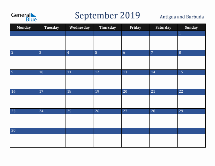 September 2019 Antigua and Barbuda Calendar (Monday Start)