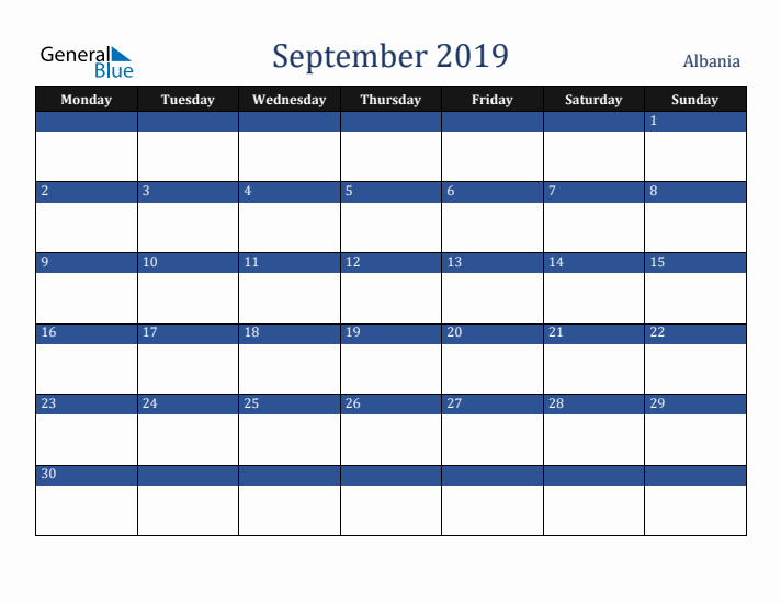 September 2019 Albania Calendar (Monday Start)