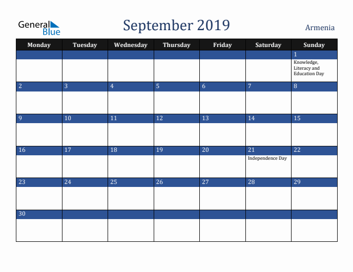 September 2019 Armenia Calendar (Monday Start)