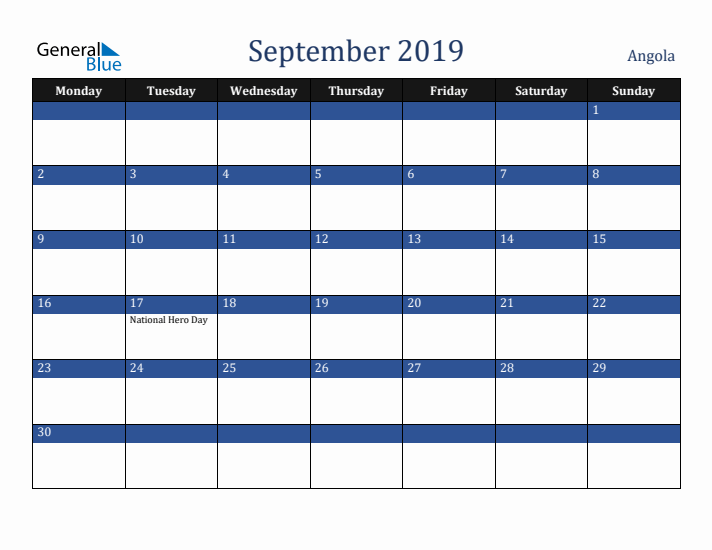 September 2019 Angola Calendar (Monday Start)