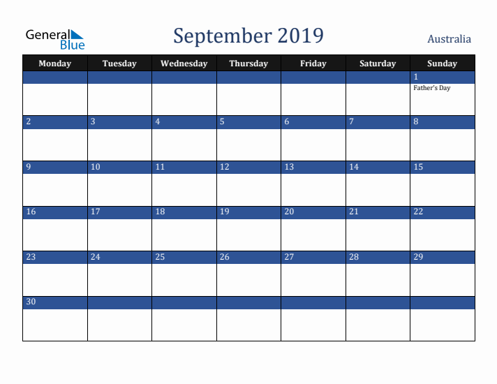 September 2019 Australia Calendar (Monday Start)