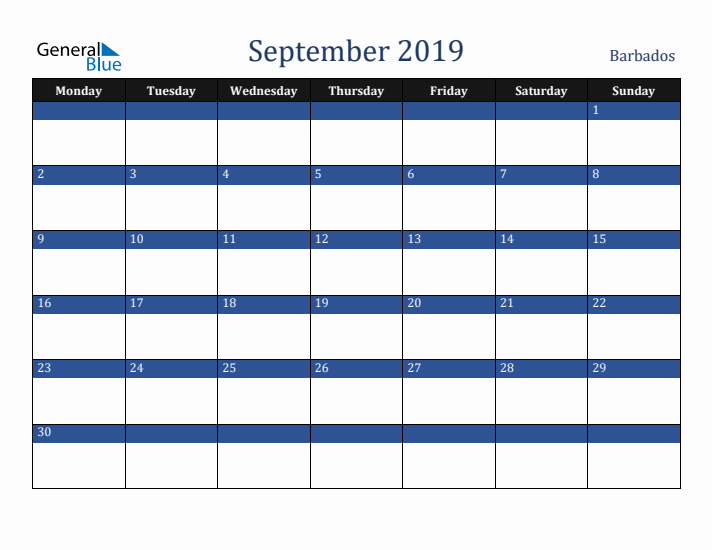 September 2019 Barbados Calendar (Monday Start)