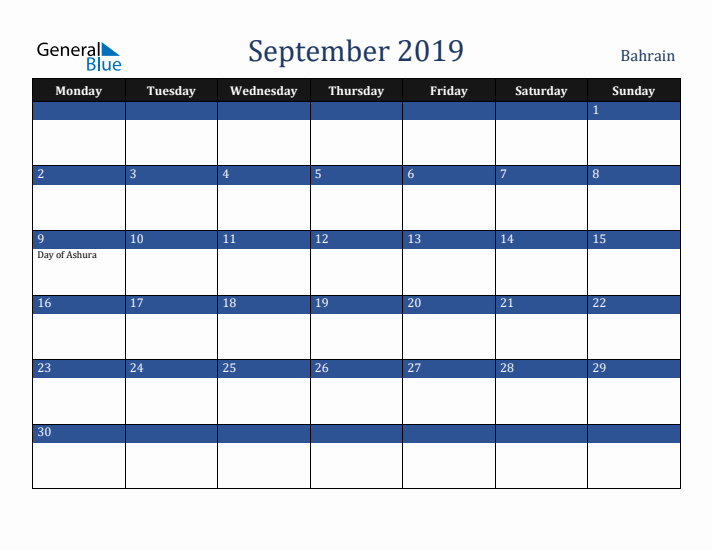 September 2019 Bahrain Calendar (Monday Start)