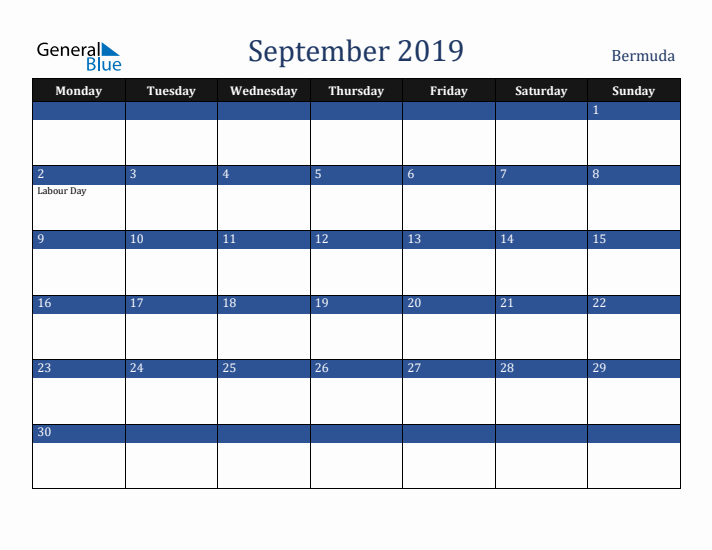 September 2019 Bermuda Calendar (Monday Start)