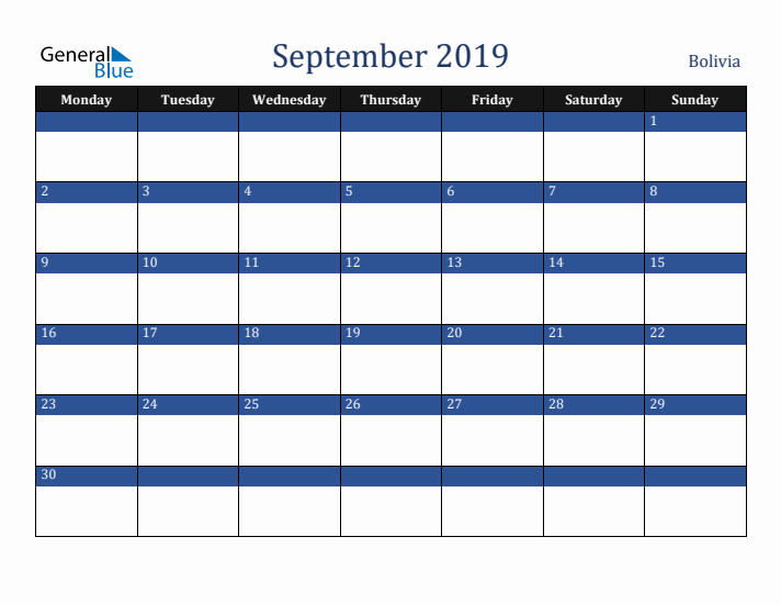 September 2019 Bolivia Calendar (Monday Start)