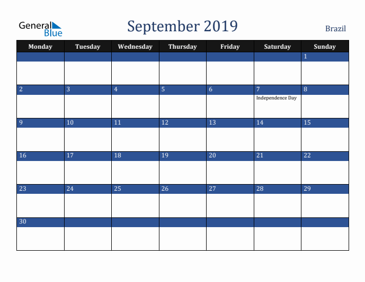 September 2019 Brazil Calendar (Monday Start)