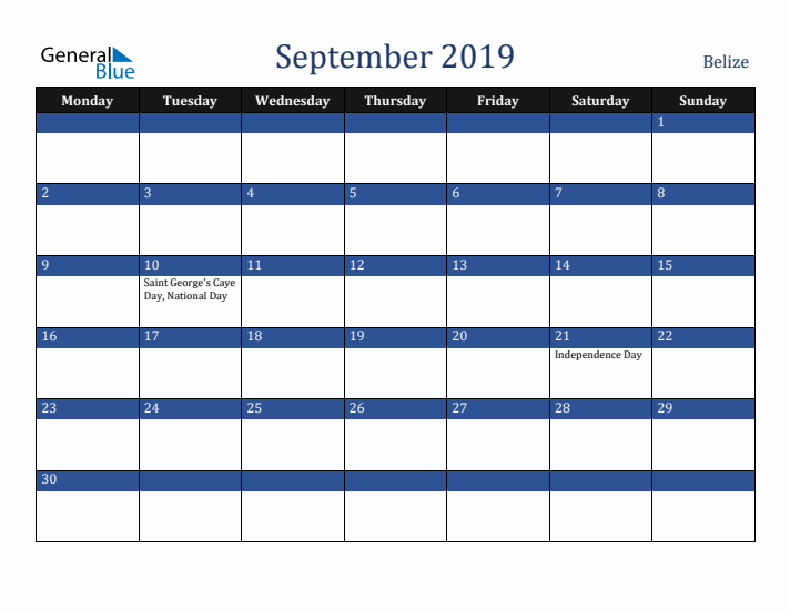 September 2019 Belize Calendar (Monday Start)