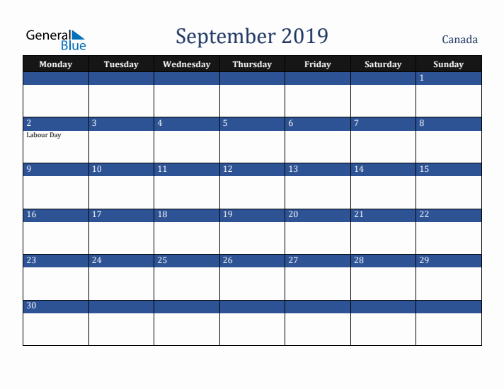 September 2019 Canada Calendar (Monday Start)