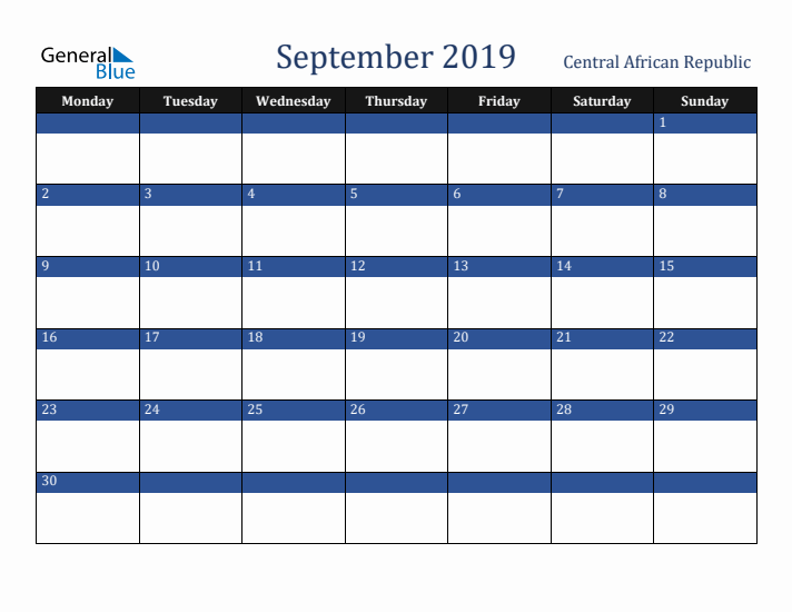September 2019 Central African Republic Calendar (Monday Start)