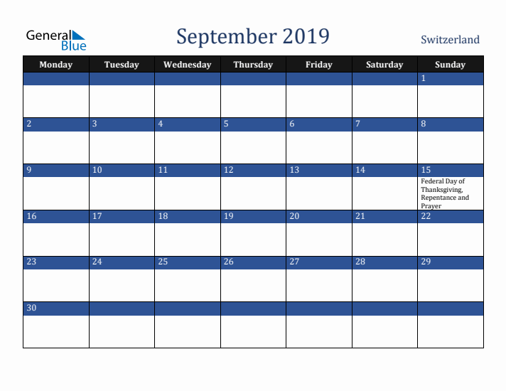 September 2019 Switzerland Calendar (Monday Start)