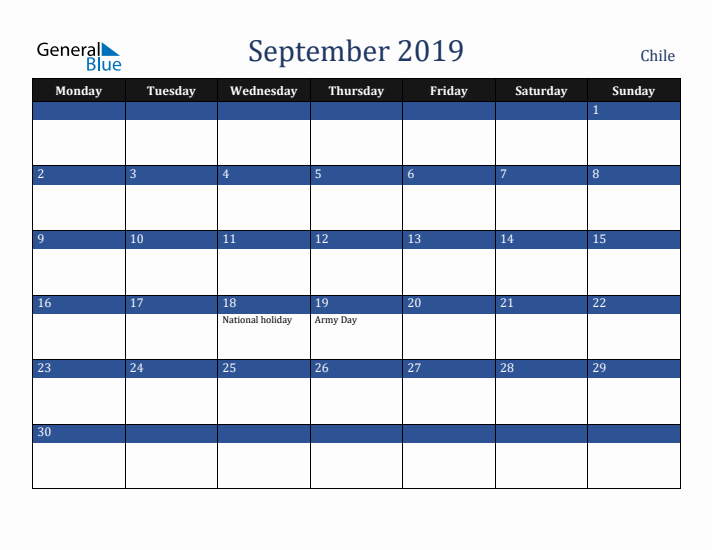 September 2019 Chile Calendar (Monday Start)