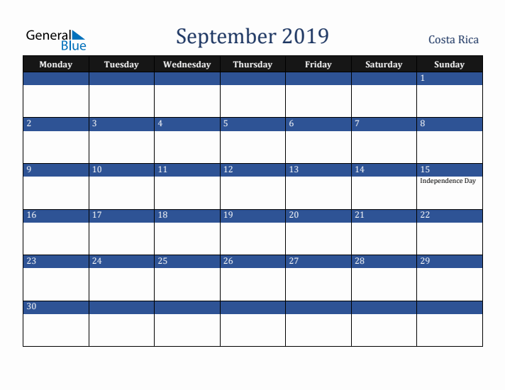 September 2019 Costa Rica Calendar (Monday Start)